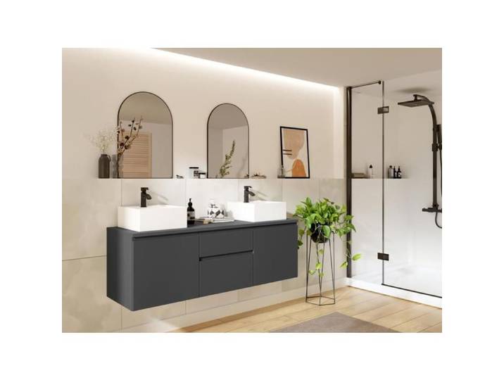 Meuble de salle de bain suspendu avec double vasque - Gris - 150 cm - JIMENA II