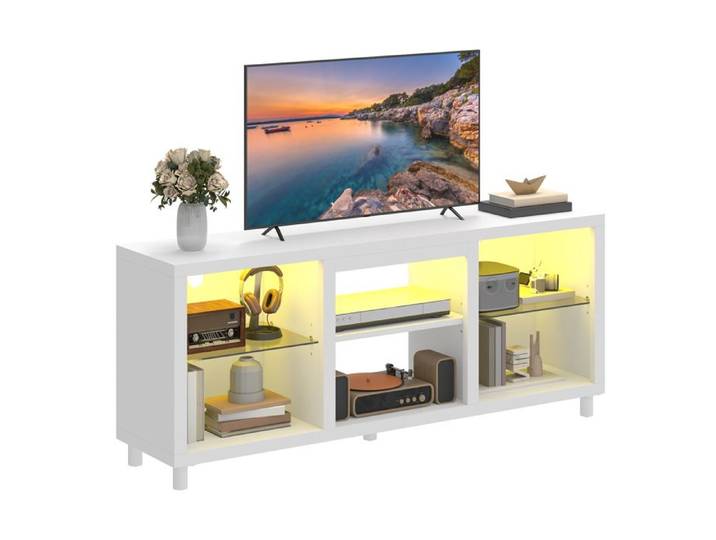 Meuble TV BALCONERA 148 cm pour téléviseurs 55/60/65 pouces avec éclairage RGB étagère en verre réglable blanc