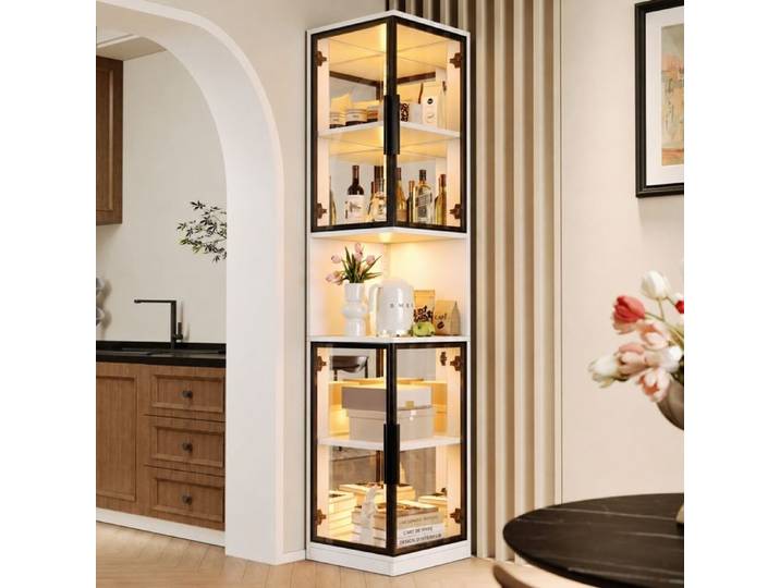 Norevia Vitrine blanche de 205 cm avec fond miroir et portes vitrées éclairage LED