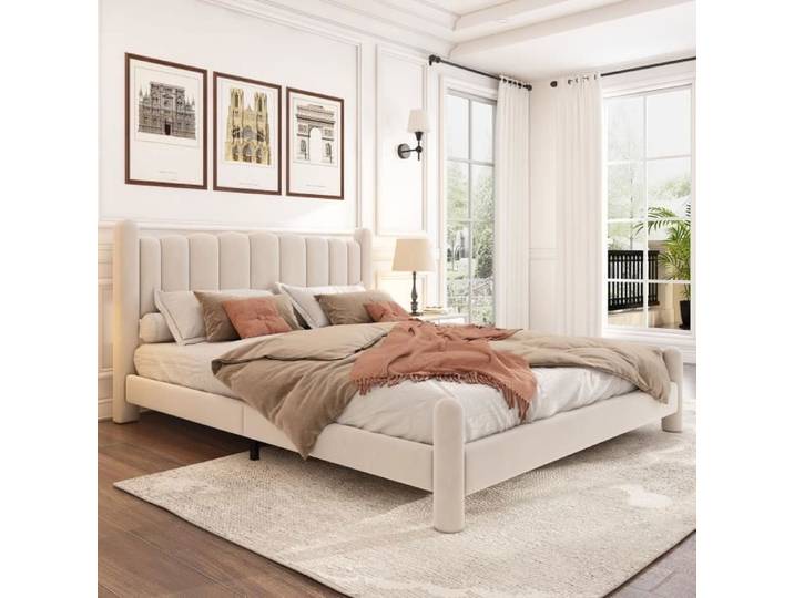 Lit double - LEYTN - 160x200cm - Velours beige - Tête de lit élégante - 300kg capacité