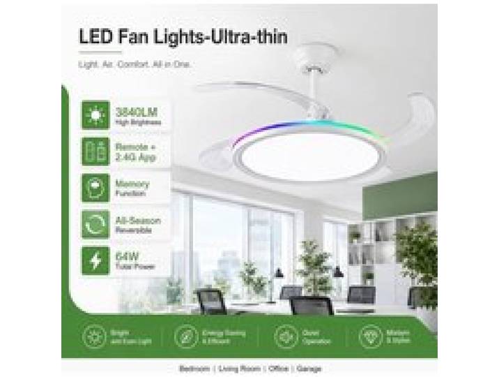 Ventilateur de Plafond LED Invisible Ultra Plat 64W avec Éclairage RGB APP et Télécommande 2 4G 3000K-6000K Rotation Réversible