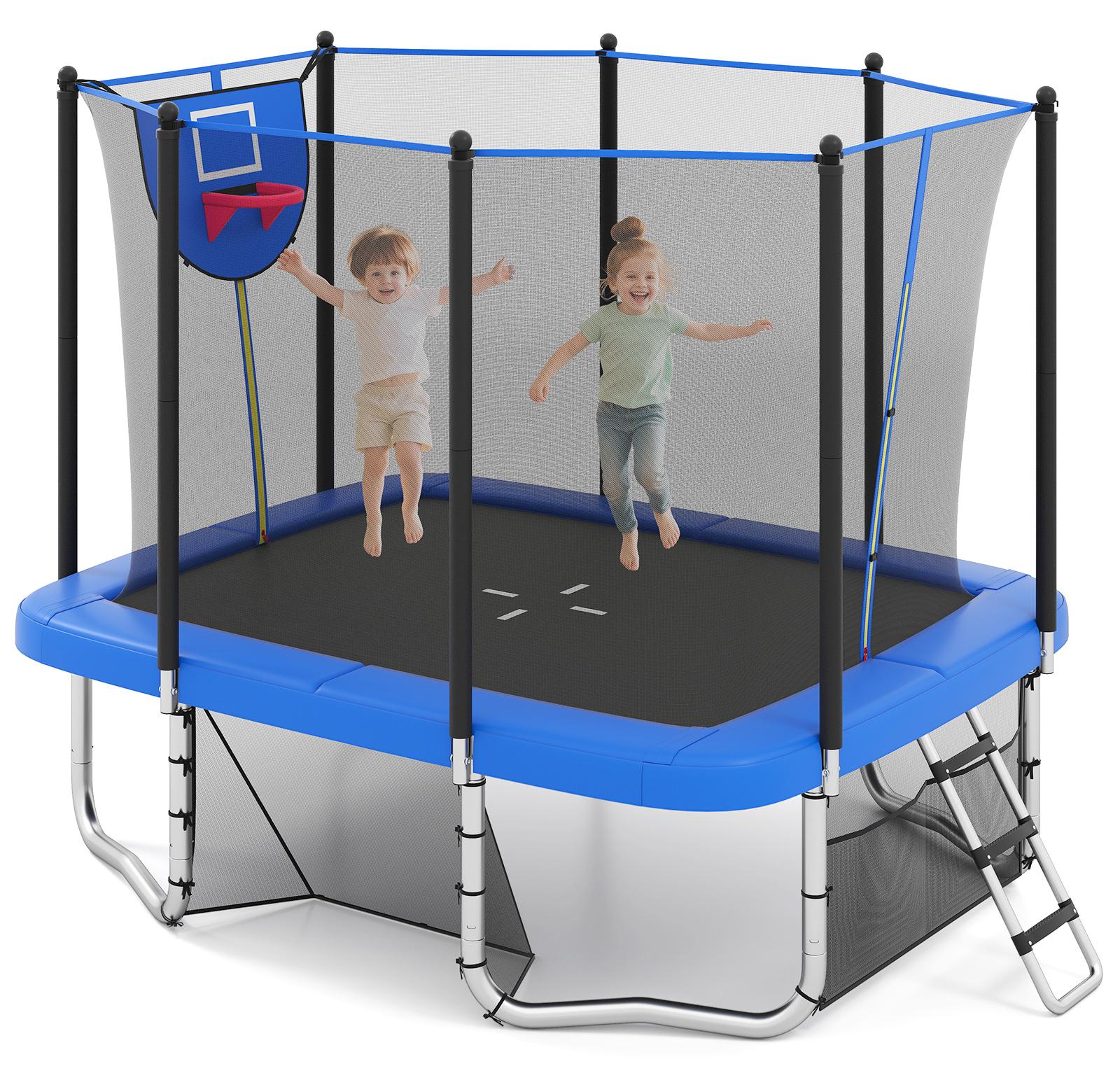 COSTWAY Trampolin, 3 in 1 Kindertrampolin mit Leiter, Basketballkorb, Fußballtor, Sicherheitsnetz & Metallrahmen, Gartentrampolin für Kinder, Blau