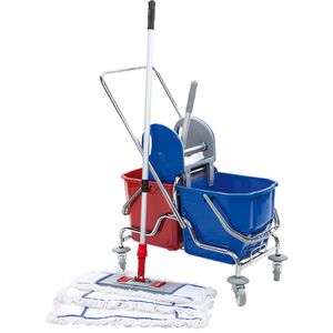 Böttcher-AG Reinigungswagen Set 9-teilig, Doppelfahrwagen, mit Presse, Bodenwischer 40 cm & 2 Eimern 18 Liter