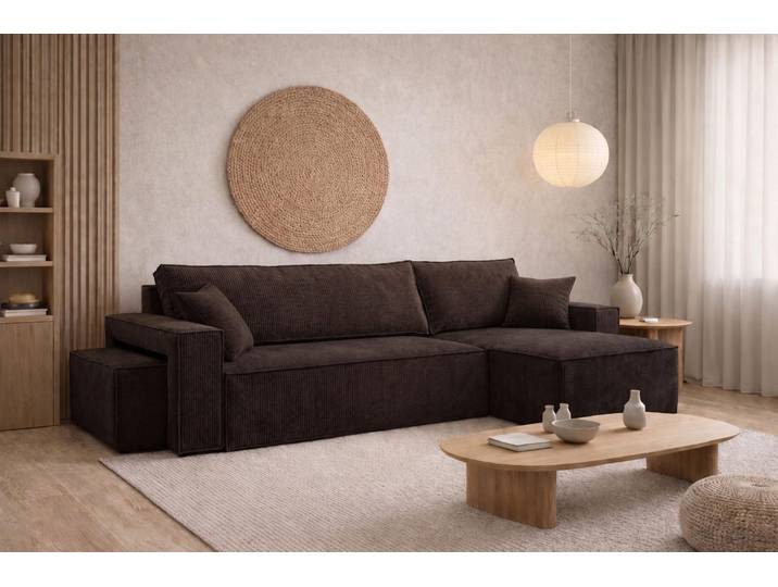 Kaiser Möbel Ecksofa mit Schlaffunktion und Pouf, Cordstoff Poso, Braun, Rechts, BEST L mit Pouf