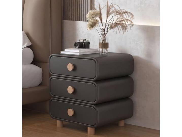 Nachttisch, 3 Schubladen Mikrofaserleder Beistelltisch für Schlafzimmer Abgerundete Stoßschutzecken Massivholzbeine & Griffe Sanfte Schubladenführungen für Wohnheim Geeignet(Dark gray,40cm/16in)