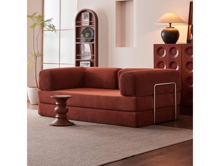 WENMEE Umwandelbares Schlafsofa, 87-Zoll-Bodensofa, Modulare Futon-Couch Mit Zylindrischem Kissen, Für Wohnzimmer, Schlafzimmer, Lounge(Red,200x100x70cm)