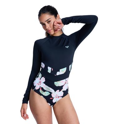 Badeanzug ROXY "The Rider Zipped", Damen, Gr. XS, schwarz (anthrazit spring charming), Polyester, Badeanzüge Badeanzug