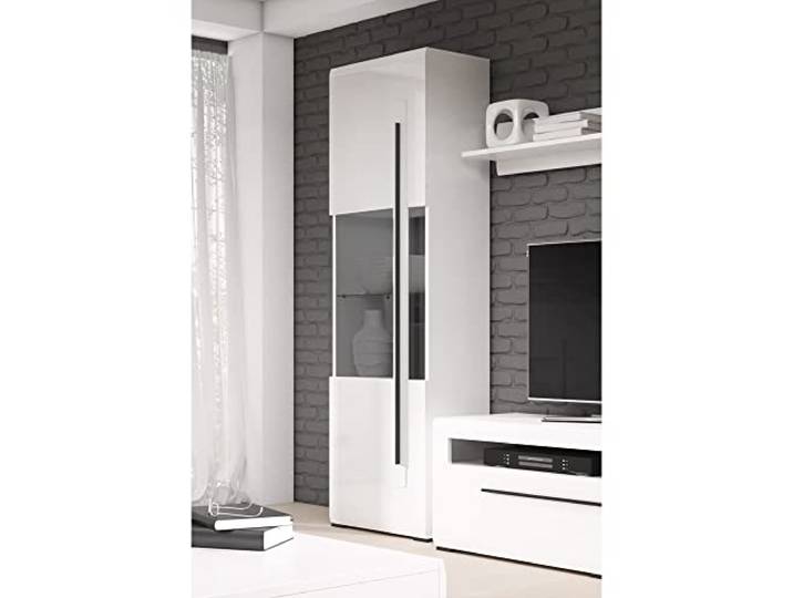Vitrine weiß modern mit Absetzungen in schwarz, B/H/T: ca. 60/204/39 cm