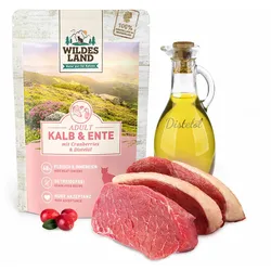 48x100 g Wildes Land Classic Adult Kalb & Ente Nassfutter für Katzen