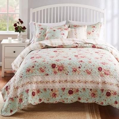 Greenland Trading Co. Antique Rose Quilt Bed Set Powder Blue, Twin, Powder Blue