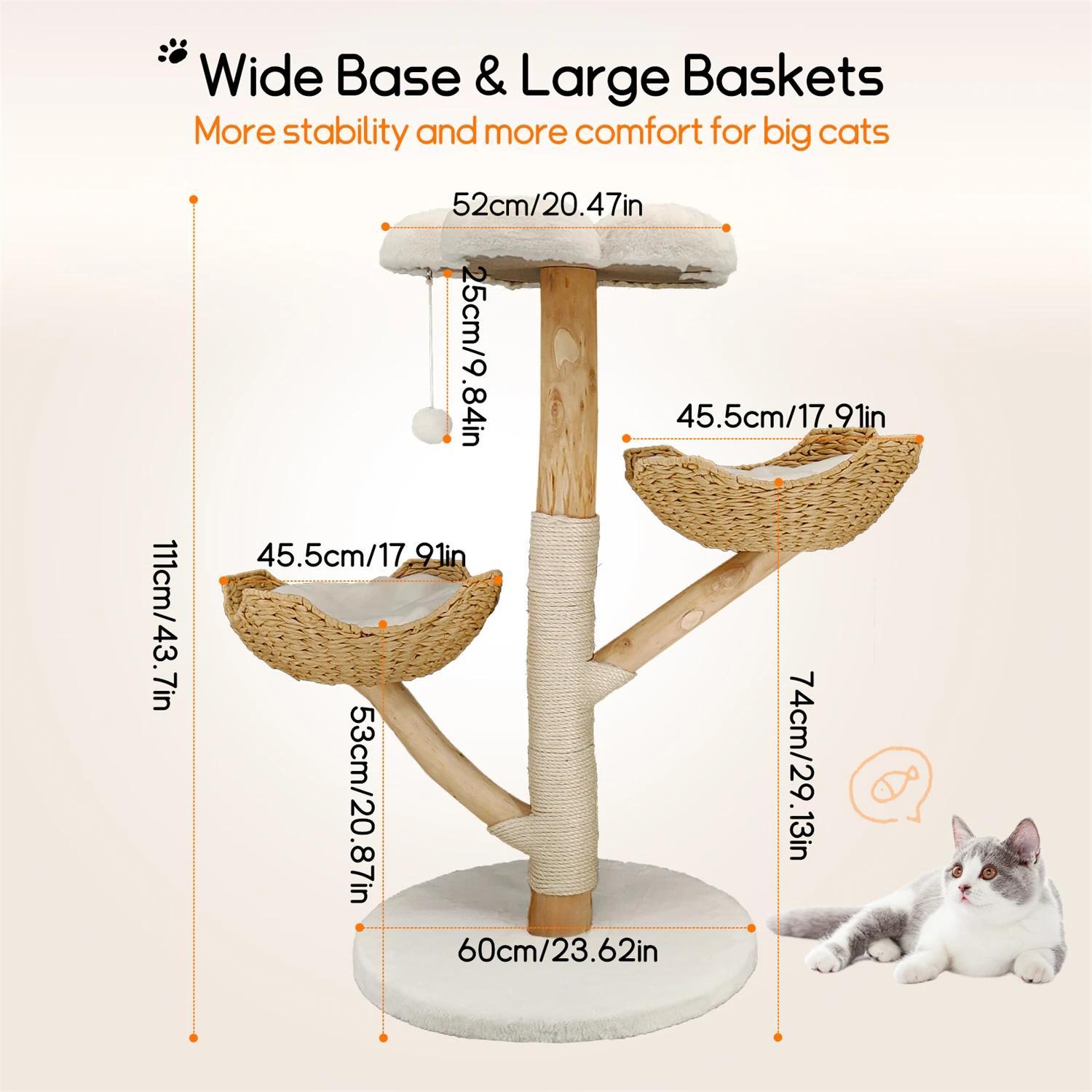 Katzenkratzbaum 111 cm - Kletterturm - 3 Ebenen - Sisal Kratzsäule - Katzenhöhle - Weiches Kissen - Für drinnen - Holz Weiß