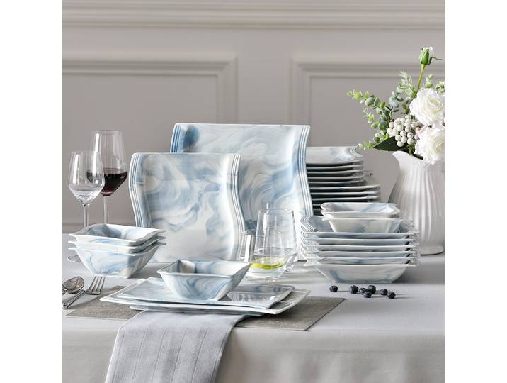 MALACASA 26 pièces ensemble de vaisselle en porcelaine bleue marbre européen nordique avec bol, assiette à dîner, dessert et assiette à soupe pour 6