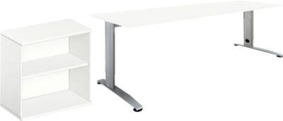 2 tlg. Büromöbel-Set Schäfer Shop Select Login, Schreibtisch, B 1600 mm, weiß/weißaluminium RAL 9006 + Anstell-/Aufsatz-Regal 2OH in Weiß