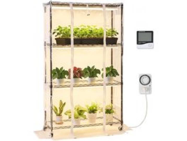 VEVOR Pflanzenregal mit Wachstumslicht, 4-stufiger Pflanzenständer mit transparenter Abdeckung, Timer & Hygrometer, 180W Vollspektrum-Lichter, Blumenregal für Zimmerpflanzen 90x35x150 cm