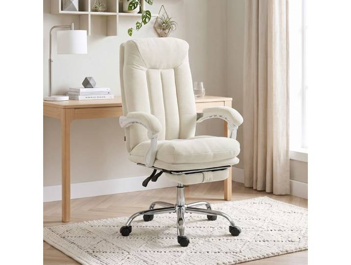 Chaise Bureau Ergonomique Fauteuil de Bureau Inclinable en Chenille Hauteur Réglable Repose-Pieds Crème