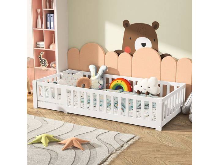 Lit de sol enfant - ADWOLT - 90x200cm - Pin massif - Protection anti-chute - Blanc