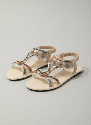 LightInthebox Women's Black Bohemian Flat Sandals with Multi-Color Beadwork – Ethnic Floral T-Strap Summer Shoes for Tropical Vacations and Beach Travel