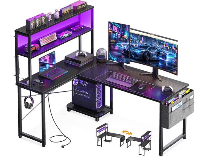 Coleshome Bureau Gaming en L avec LED RGB, étagère réglable, prises USB, support PC et crochet casque pour gaming et travail, 135x100cm, Noir