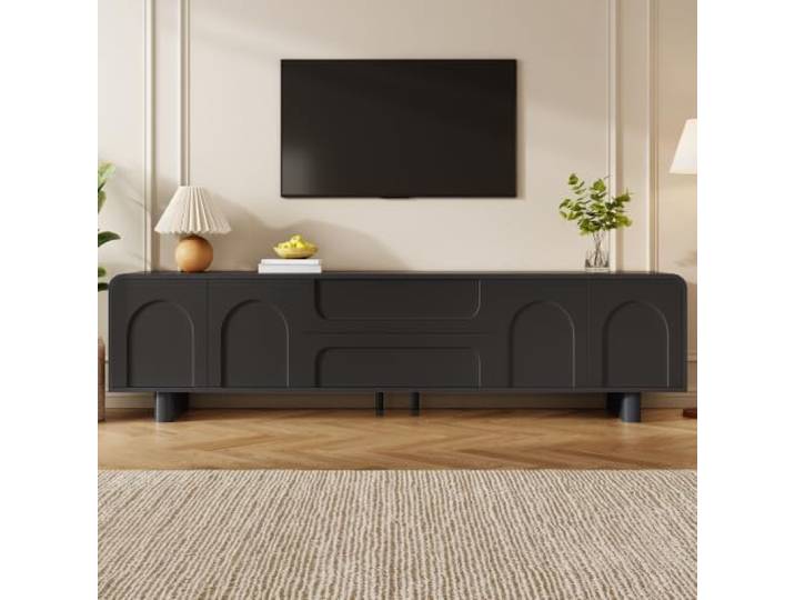 Merax TV Lowboard 180x40x46 cm mit Bogenprägung, Schubladen, Türen & verstellbaren Füßen – modernes Sideboard, Schwarz