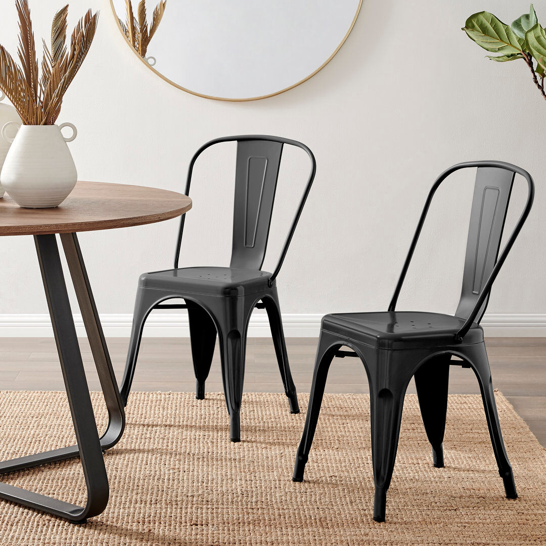 Borough Wharf Honora Classic Industrial Metal Dining Chair - Style Bold Colour Stackable Side Chair Black 84cm H X 45cm W X 51cm D