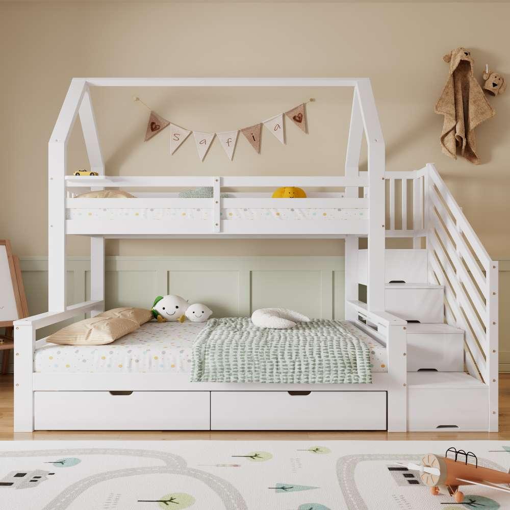 Schönes Etagenbett mit Dachdesign, Kinderbett mit Sicherheitsgeländer, Treppenschrank & 2 Schubladen, Kiefer/MDF, Weiß, 90x200 & 140x200