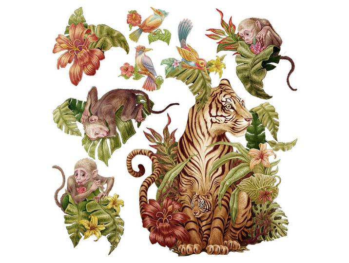 Wallfluent Wandaufkleber 80x106cm - Dschungelsafari, Mehrfarbig, Kunststoff, Rechteckig, 80x106x0.1 cm, Tapeten & Wandverkleidungen, Wandtattoos & Sticker, Wandtattoos