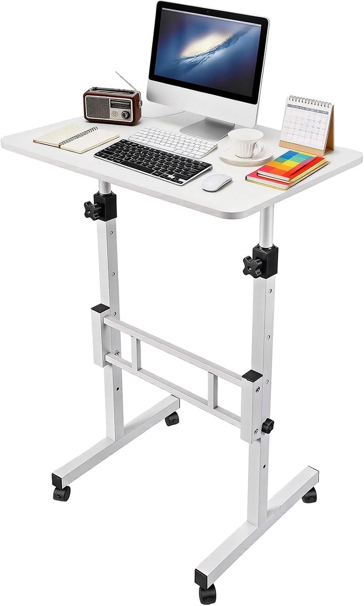 SnelShoppen Hoogteverstelbare Computertafel met 4 standen en wieltjes, Wit