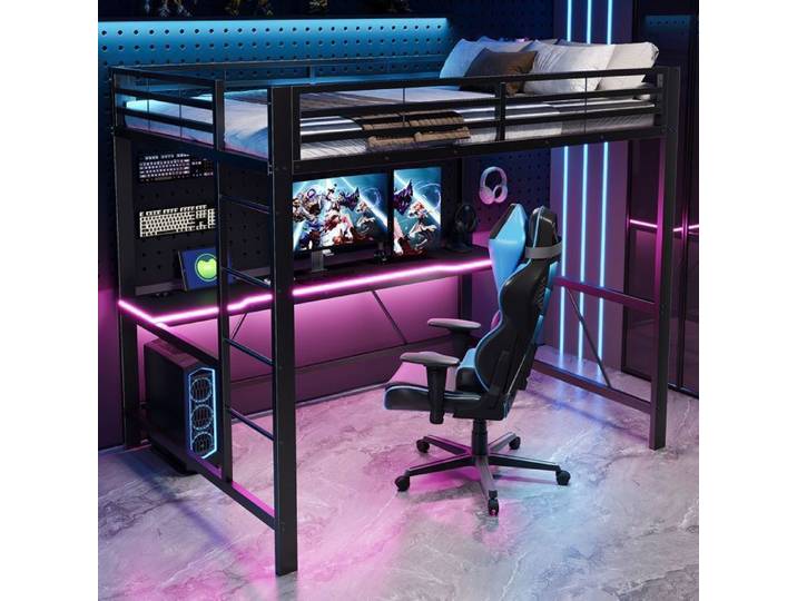 Lit mezzanine - SOGEU - Lit Mezzanine Gamer 140x200 - 140x200 cm - Bureau intégré - LED + Station USB