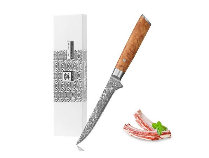 ZAYIKO Ausbeinmesser Kinone Damast Filetiermesser Küchenmesser 16 cm Klinge Wurzelholzgriff, schwarzer Damaststahl, VG10-Kern