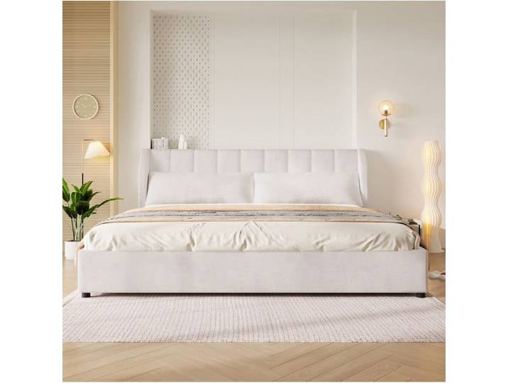 WUVRIE Lit plateforme rembourré 180 x 200 cm beige velours avec sommier à lattes et 2 coussins