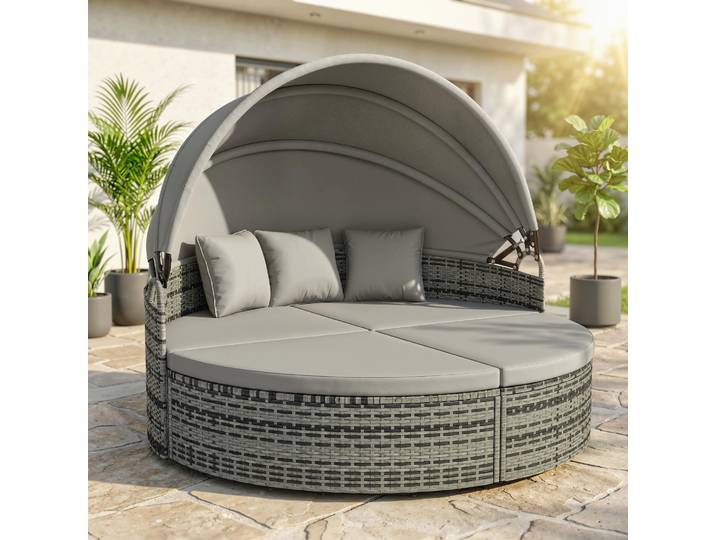 Outsunny Lit de Jardin Rond Résine Gris Clair avec Auvent Rétractable