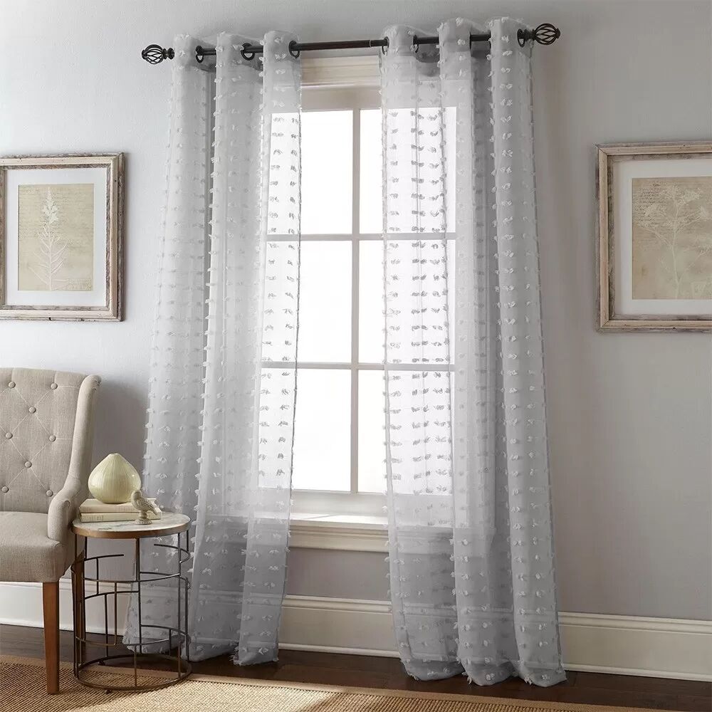 INF 2er-Set Punkt Pompon Gardinen – Ösen-Voile-Fensterpaneele L Grau
