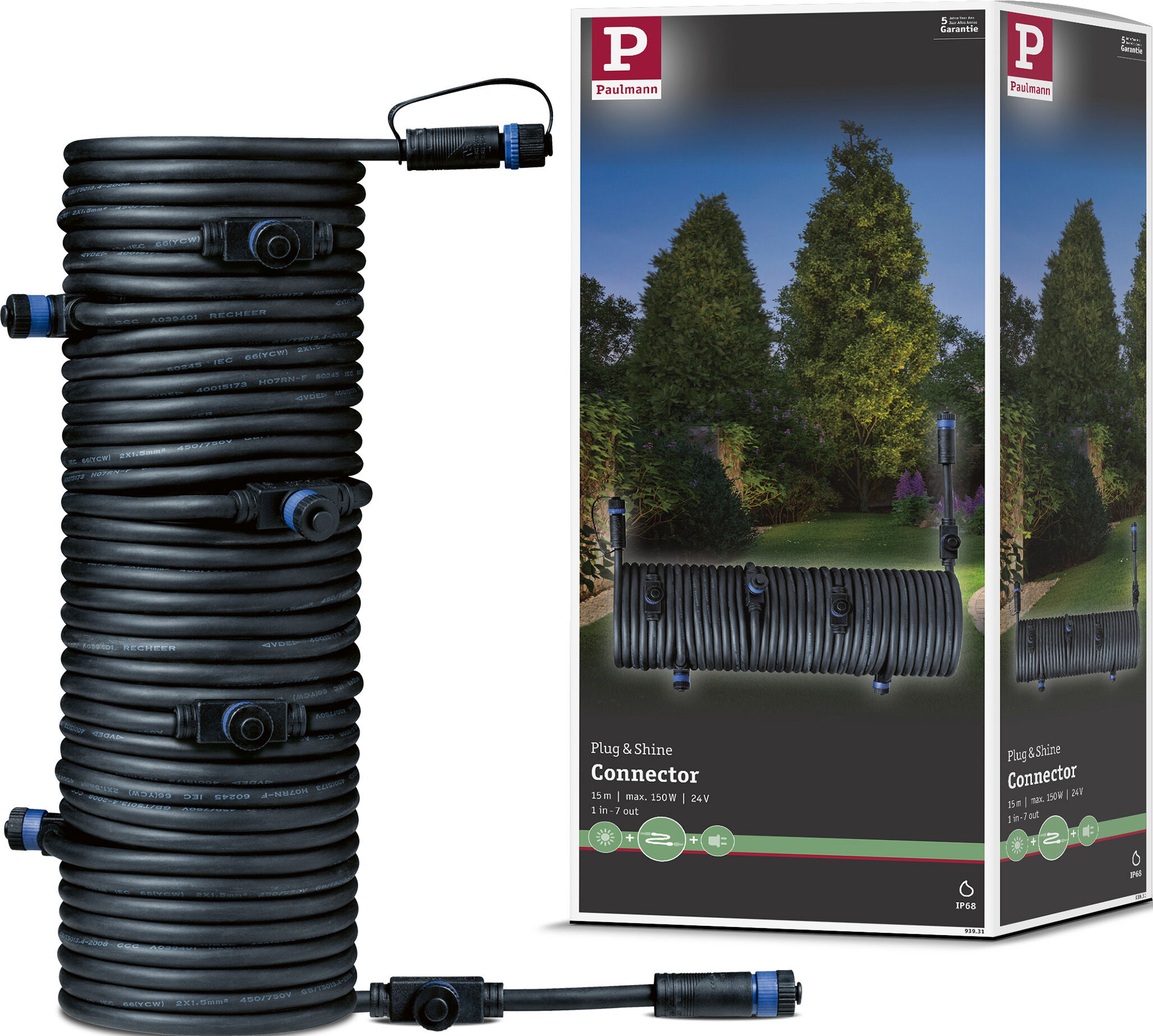 Lampen-Verbindungskabel PAULMANN "Outdoor Plug&Shine 15m IP68", schwarz, Ø:18,4mm, Kabel, Lampen-Verbindungskabel, 1 in - 7 out