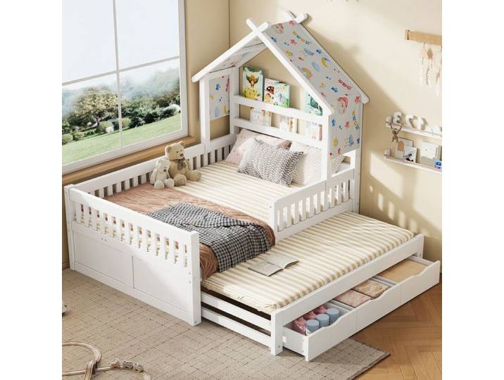 Lit plateforme 140x200 avec lit gigogne 90x190 Lit enfant forme maison avec 3 tiroirs et barrières de sécurité Blanc