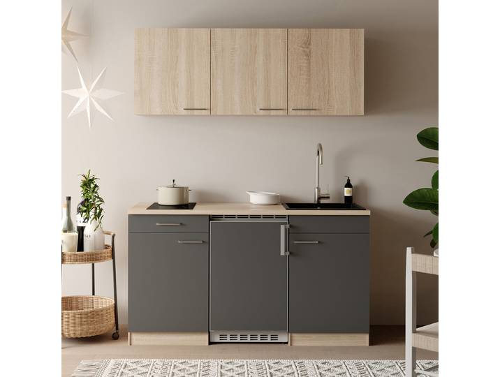 Singleküche Ingrid 150 cm 150 x 200 x 60cm Grau/Grau mit Kühlschrank