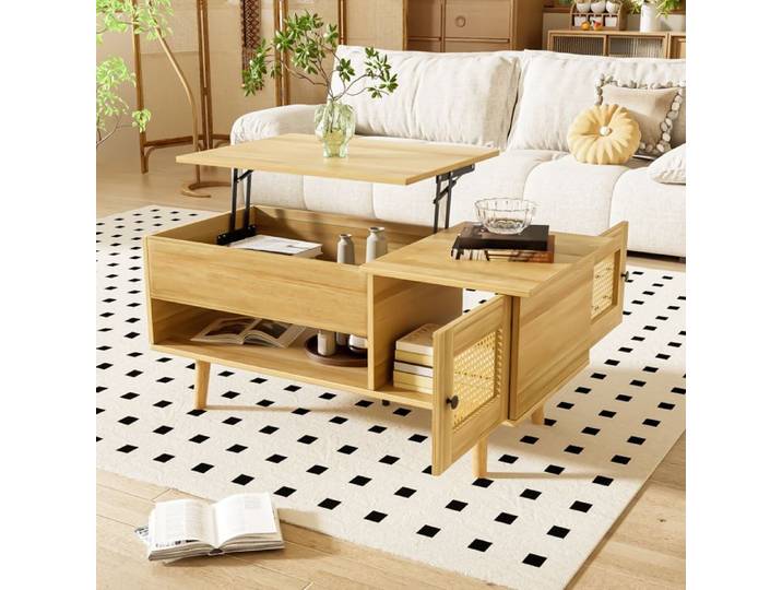 Table basse avec plateau relevable - 103x50x46 cm - Bois et noir - Plateau relevable - Portes en rotin