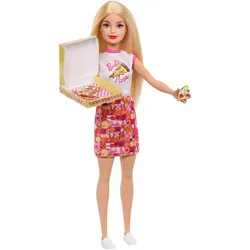 Barbie, Pizza Zubehör, Pizzeria-Spielset mit blonder Puppe, Pizza-Station, 25 Zubehörteilen