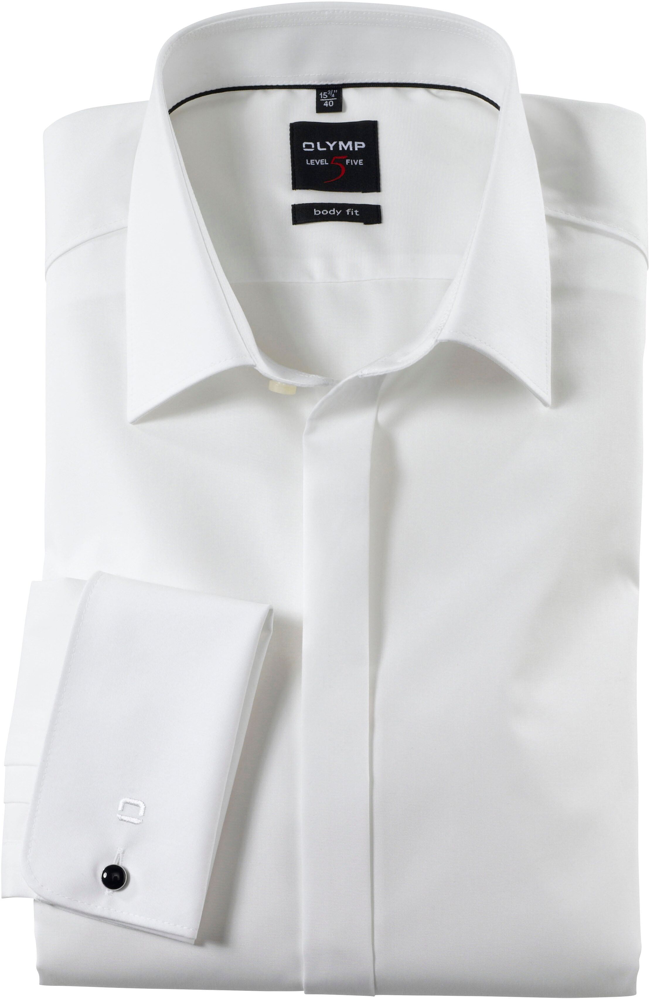 Smokinghemd OLYMP "Level Five body fit", Herren, Gr. 38, N-Gr, beige (hellbeige), Web, Obermaterial: 97% Baumwolle, 3% Elastolefin, schmal, Umschlagmanschette, Hemden Smokinghemd, Umschlagmanschetten,verdeckte Knopfleiste hellbeige 38, N-Gr