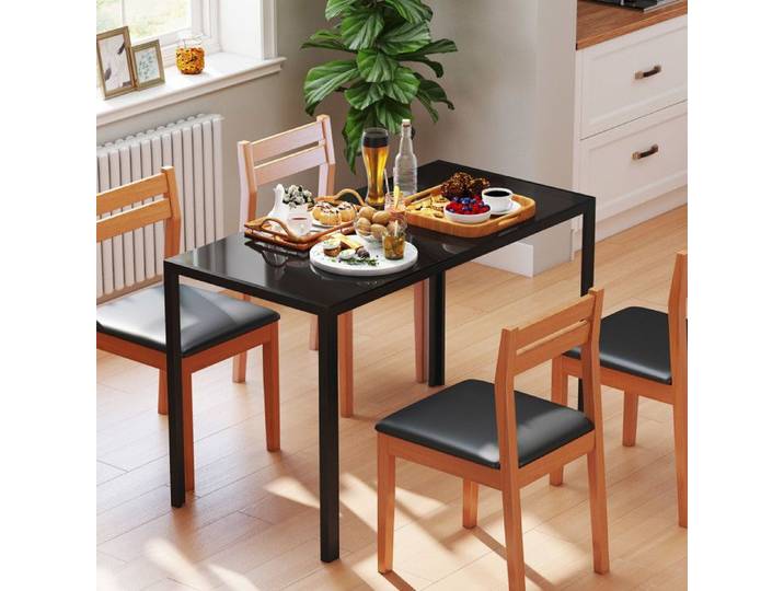 Table à manger 4 personnes plateau en verre trempé de 6 mm noir pieds en métal à patins protecteurs 120 x 60 x 75 cm