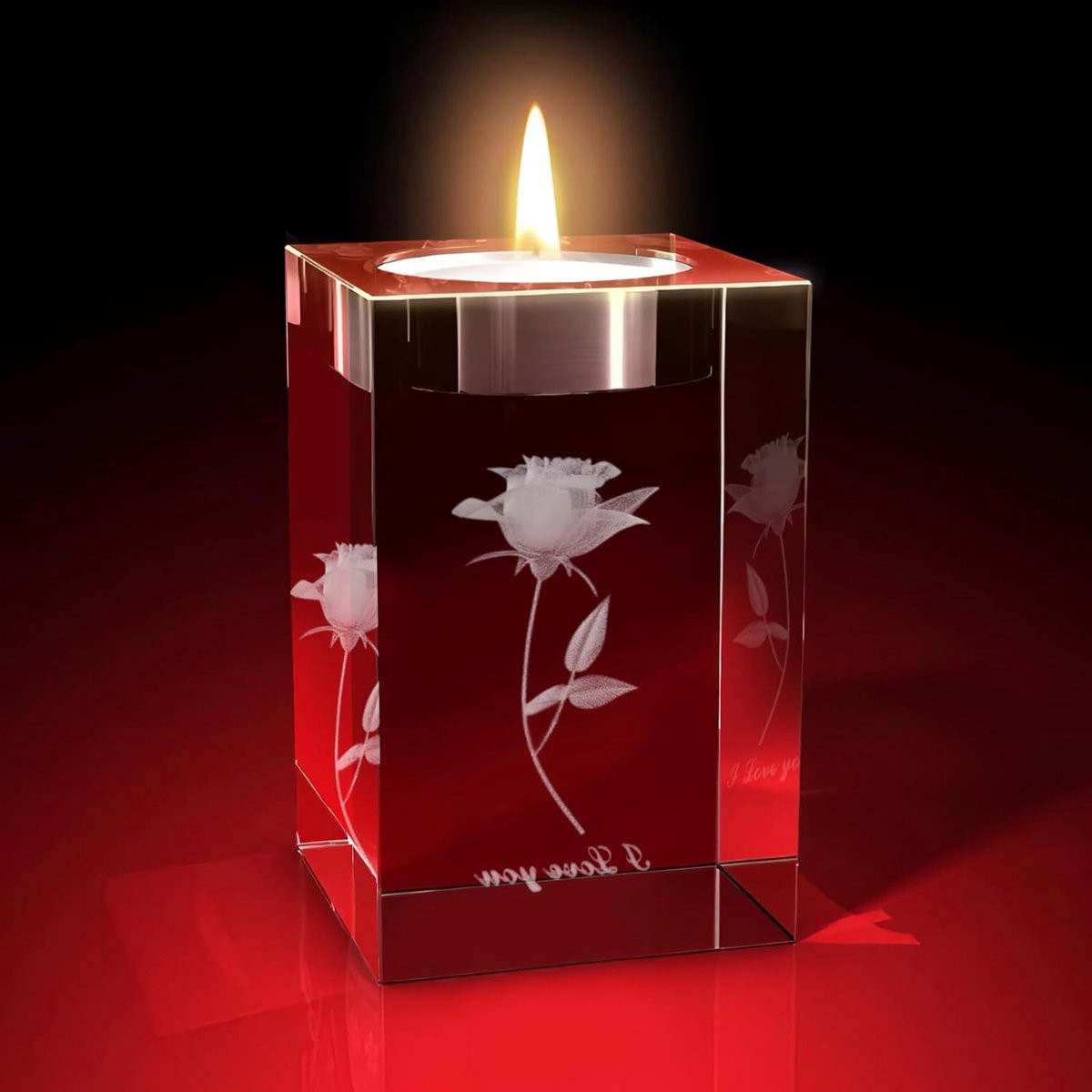 Roze 3D Crystal Glass Tealight Houder met I Love You Decoratie