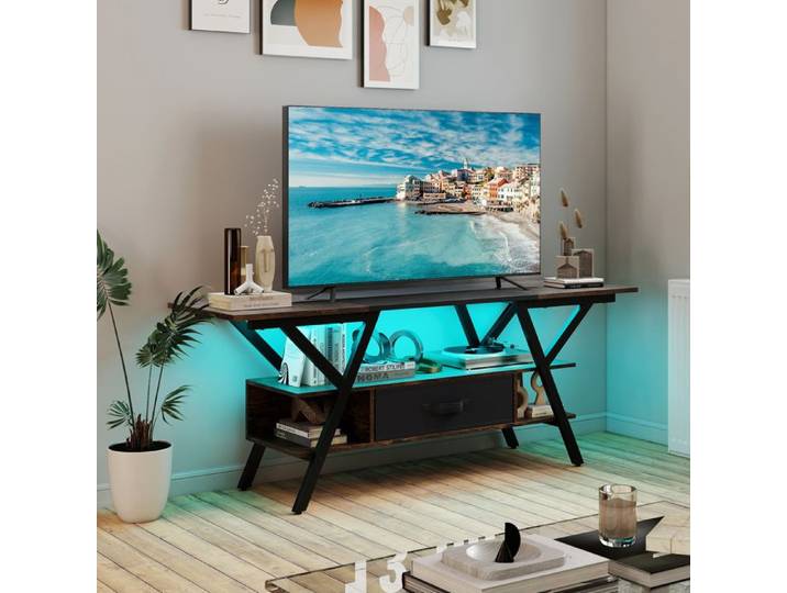 GIANTEX Meuble TV 140 cm- Lumières LED Réglables- Tiroir en Tissu Amovible- Station de Charge- pour TV Jusqu'à 65 Pouces- Café