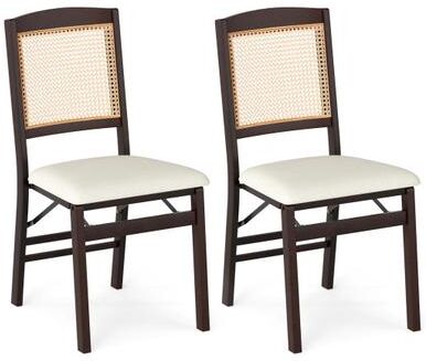 Costway Folding Dining Chairs Set of 2 Rubber Wood Chairs with Linen Padded Seat-Coffee