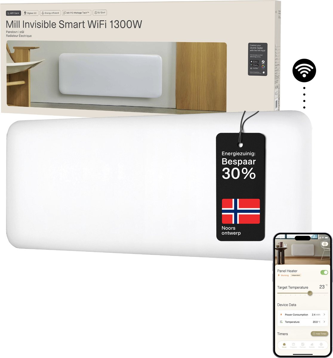 Mill PA1300WIFI4 Smart paneelverwarming - 1300 Watt - tot 19m2 - App-bediening