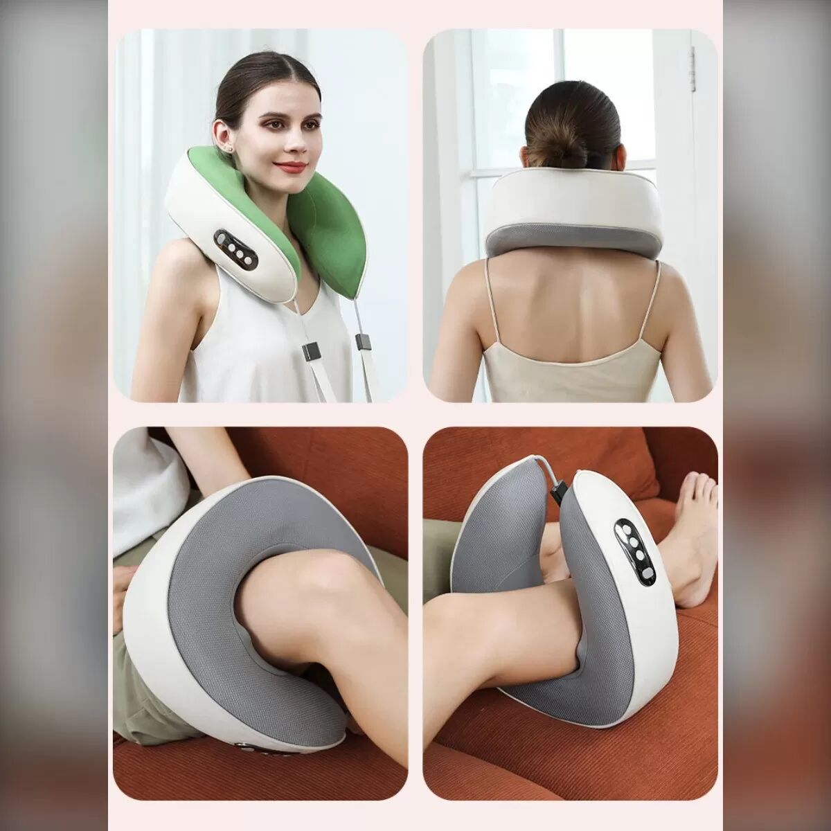 INF Multifunktionales U-förmiges Nackenmassagekissen Weiß+Grau – bürstenloser Motor, PU-Leder, Graphenheizung, wiederaufladbar