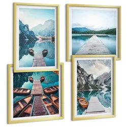 BILDER SET 4er Set - 50x50 cm & 40x60 cm Goldrahmen - Holzstege am See, Boote