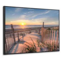 LEINWAND Bilder mit Rahmen - Strand - Meer - Düne - Sonnenuntergang - Landschaft - 70x50