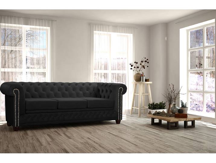 3-Sitzer Sofa Schwarz/Schwarz Samt Ravi 203 x 72 x 86cm Schlaffunktion für dauerhafte Nutzung Industrial