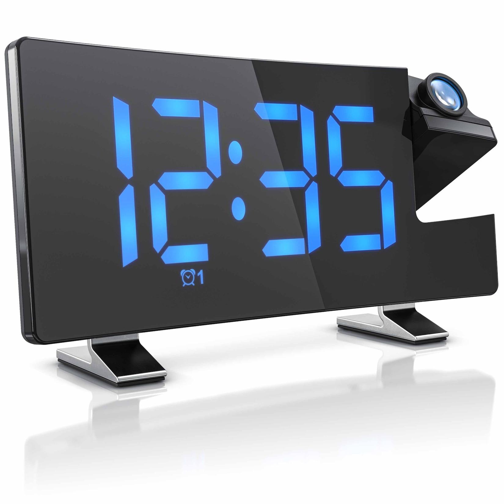 Bearware Projektionswecker Dimmer, 15 FM Radiospeicher, große blaue Ziffern, Snooze 5-60 min. Projektions Radio Wecker digital, 7 Tasten