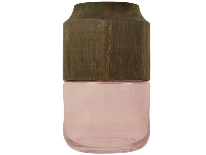 Vase aus Glas und Blauglockenbaum-Holz, edle Blumenvase, transparent, braun, 14 x 23 cm
