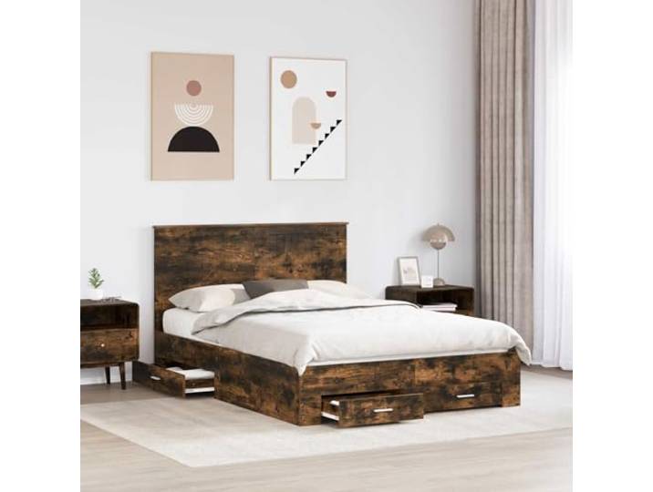SKTQYQO Bettgestell Eiche Rauchgrau 140 x 190 cm Robustes mehrschichtiges Holz, minimalistisches Design, integrierter Stauraum, Doppelzimmer